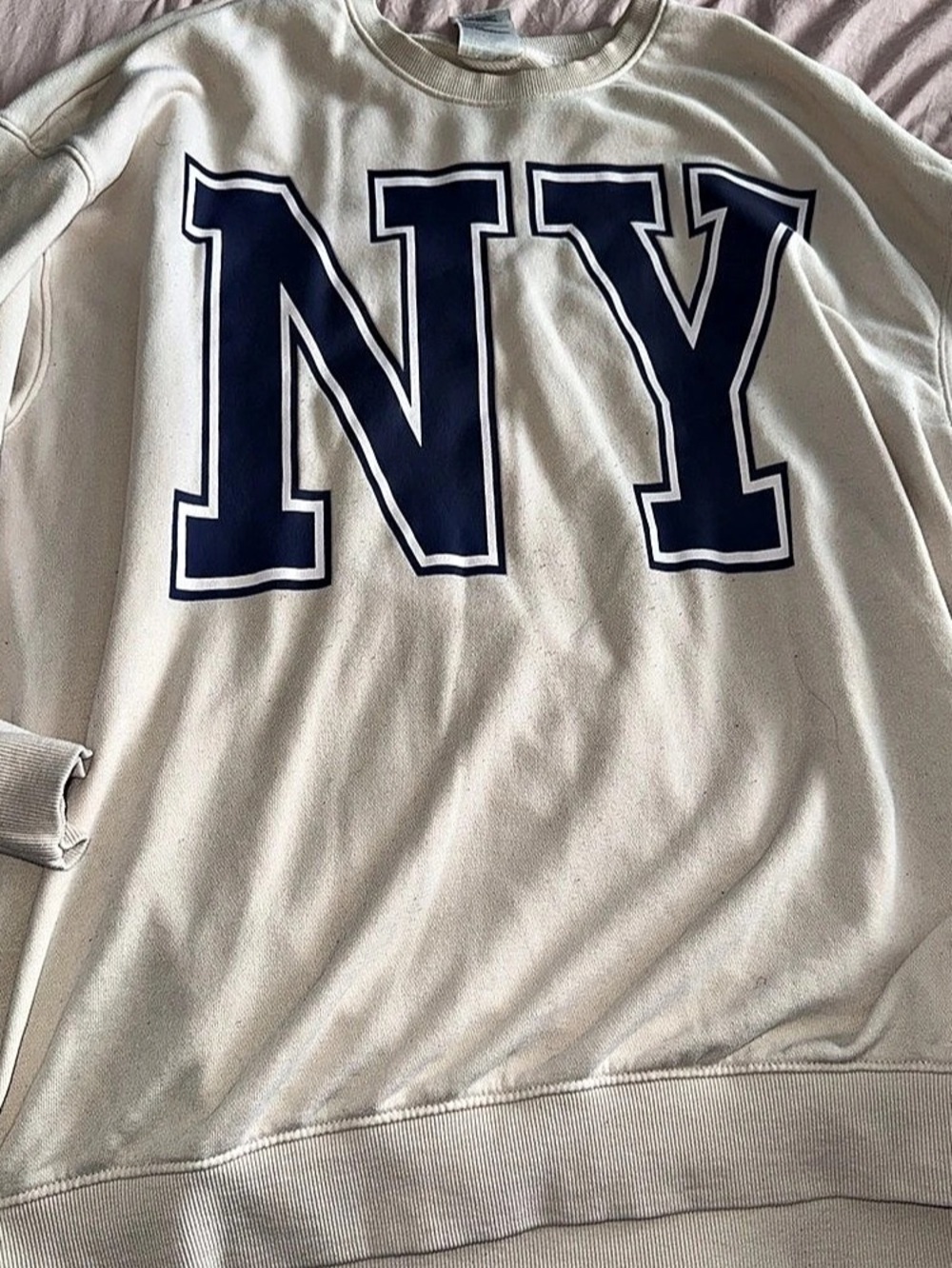 H&Medium NY Printed Oversized Sweatshirt NY Graphic Sweatshirt in Cream & Blue